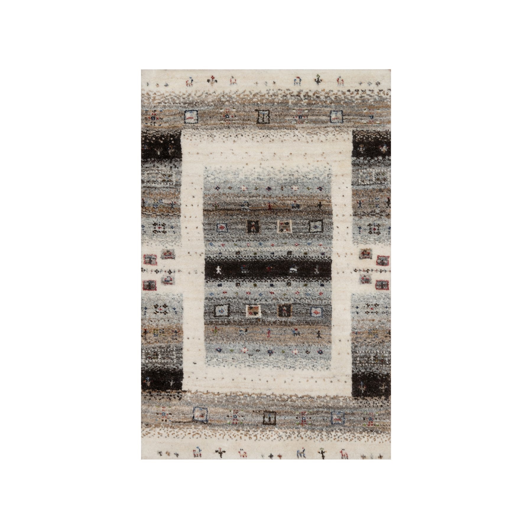 Pearl White, Hand Knotted, Lori Buft Gabbeh with Small Animal and Human Figurines, Thick and Plush, Modern, Pure Wool, Mat, Oriental Rug